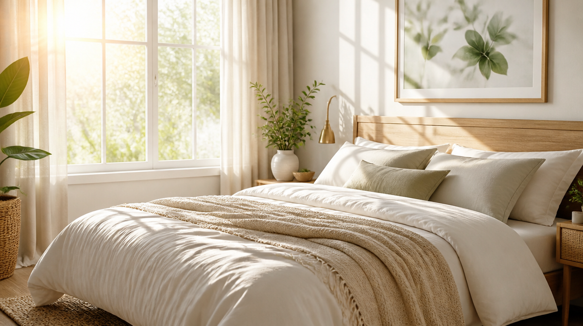 Helles Schlafzimmer bei Sonnenaufgang mit warmem Licht auf dem Bett