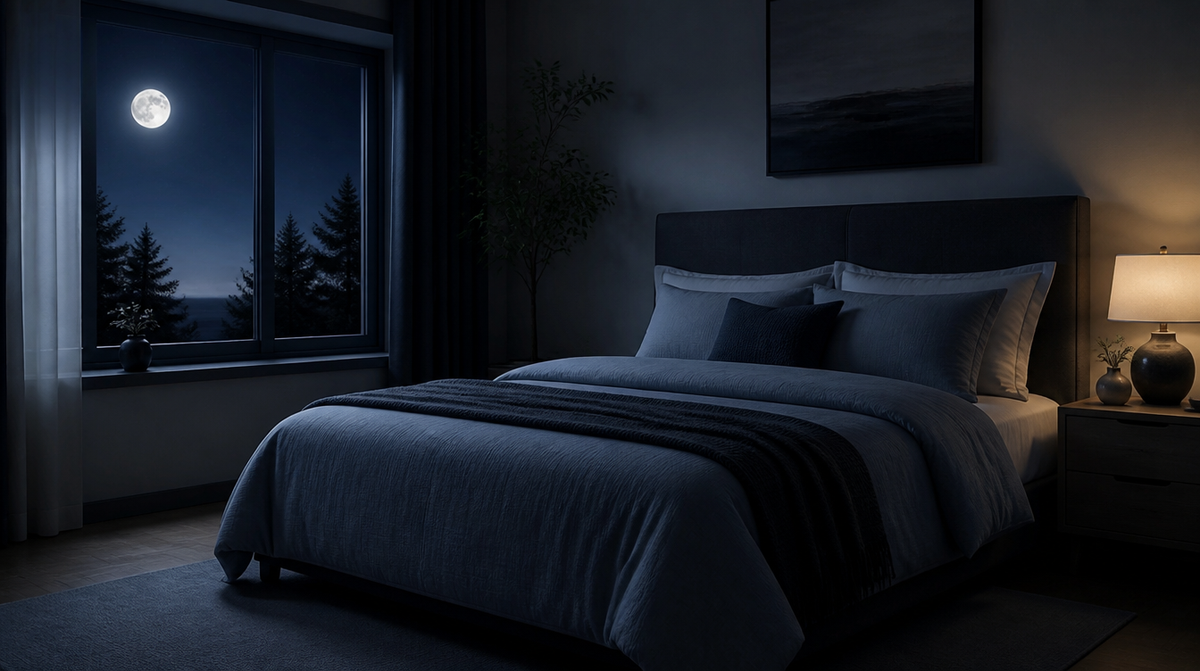 Ruhiges dunkles Schlafzimmer bei Nacht mit sanftem Mondlicht