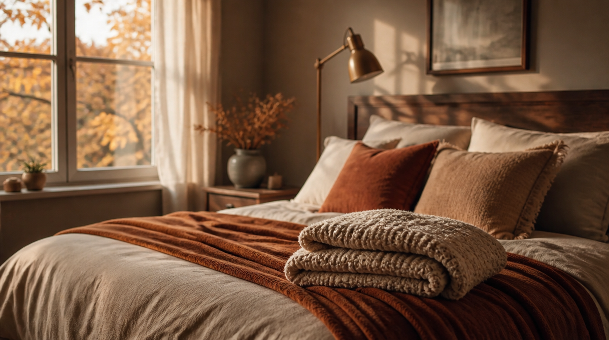 Gemütliches Herbst-Schlafzimmer mit warmer Strickdecke und goldenem Licht